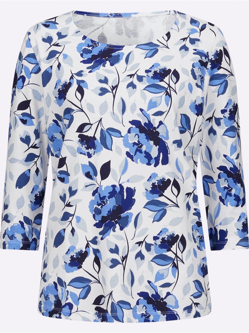 T-shirt à manches 3/4 avec motif floral et encolure ronde - Taille standard - Moda Vilona Blanc Bleu marine - Kiabi