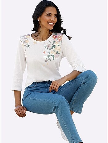 T-shirt à manches 3/4 avec motif floral sur le devant - taille standard - moda vilona