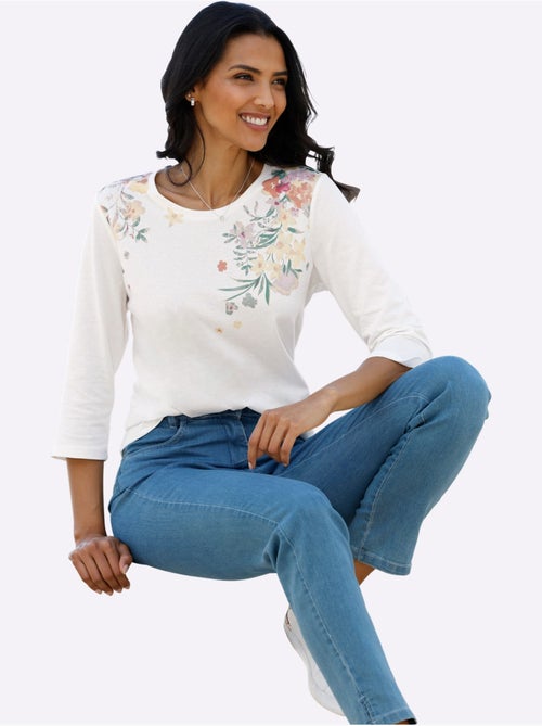 T-shirt à manches 3/4 avec motif floral sur le devant - taille standard - moda vilona - Kiabi