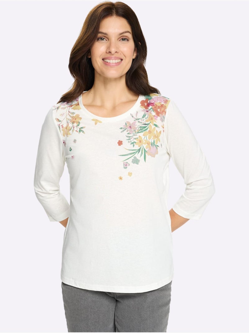 T-shirt à manches 3/4 avec motif floral sur le devant - taille standard - moda vilona Écru/Jaune - Kiabi
