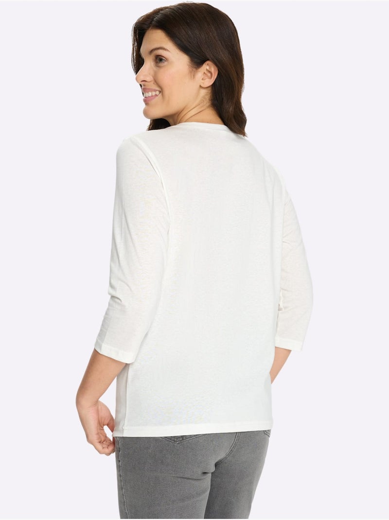 T-shirt à manches 3/4 avec motif floral sur le devant - taille standard - moda vilona Écru/Jaune - Kiabi