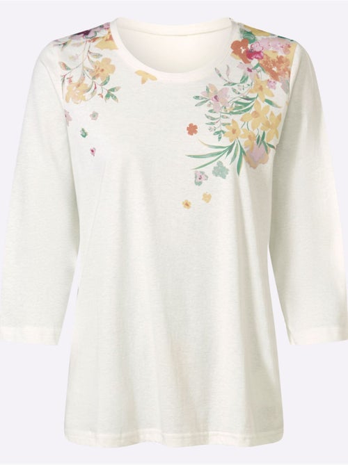T-shirt à manches 3/4 avec motif floral sur le devant - taille standard - moda vilona - Kiabi