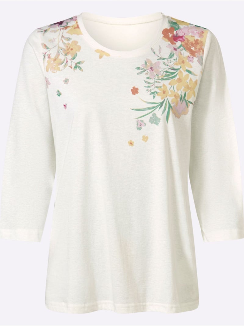 T-shirt à manches 3/4 avec motif floral sur le devant - taille standard - moda vilona Écru/Jaune - Kiabi