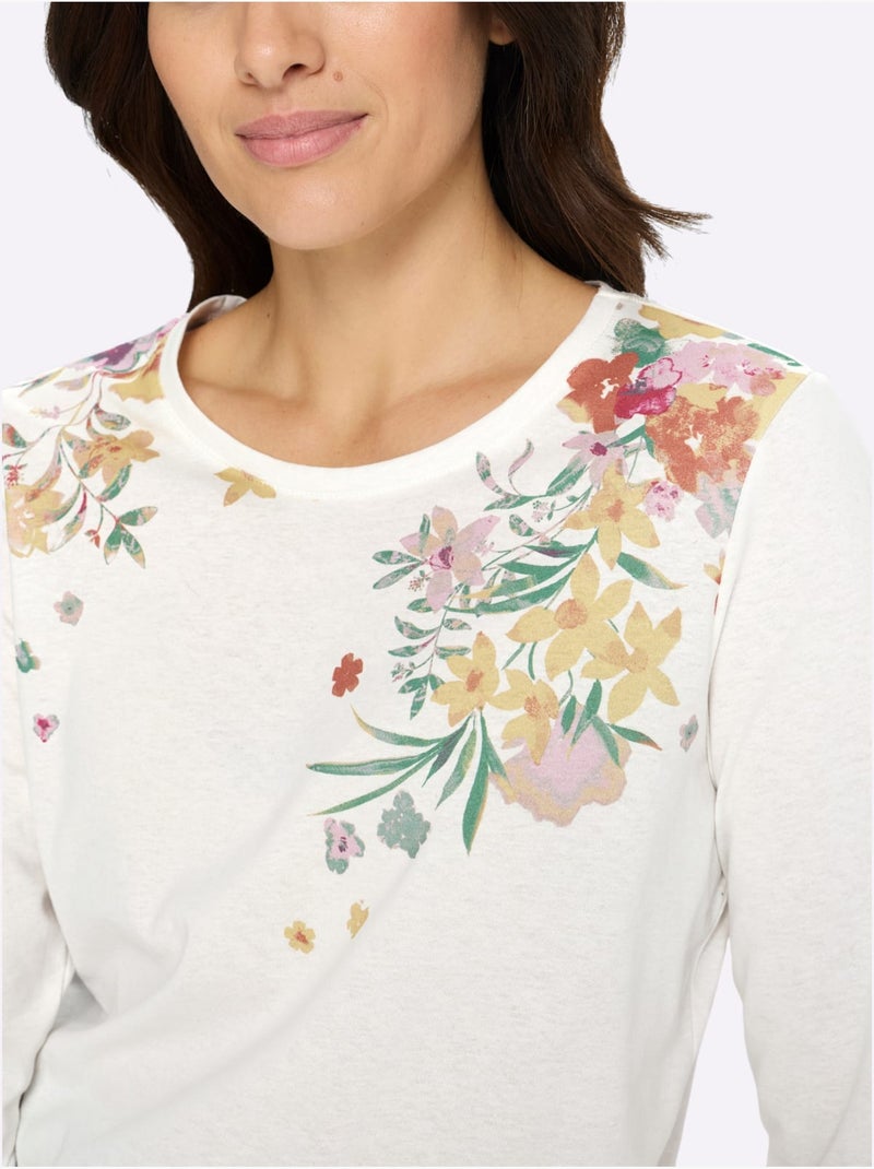 T-shirt à manches 3/4 avec motif floral sur le devant - taille standard - moda vilona Écru/Jaune - Kiabi
