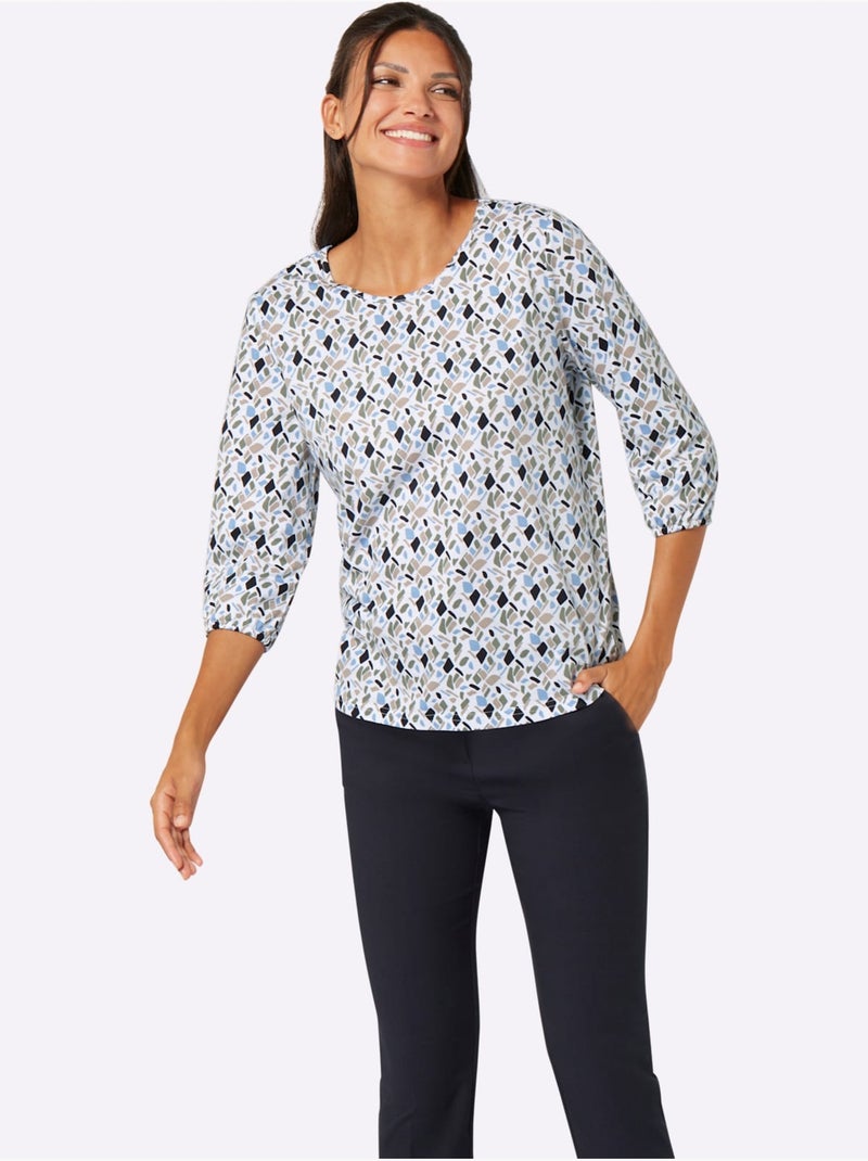 T-shirt à manches 3/4 avec motif géométrique encolure ronde - taille standard - moda vilona Bleu Ecru Bleu - Kiabi