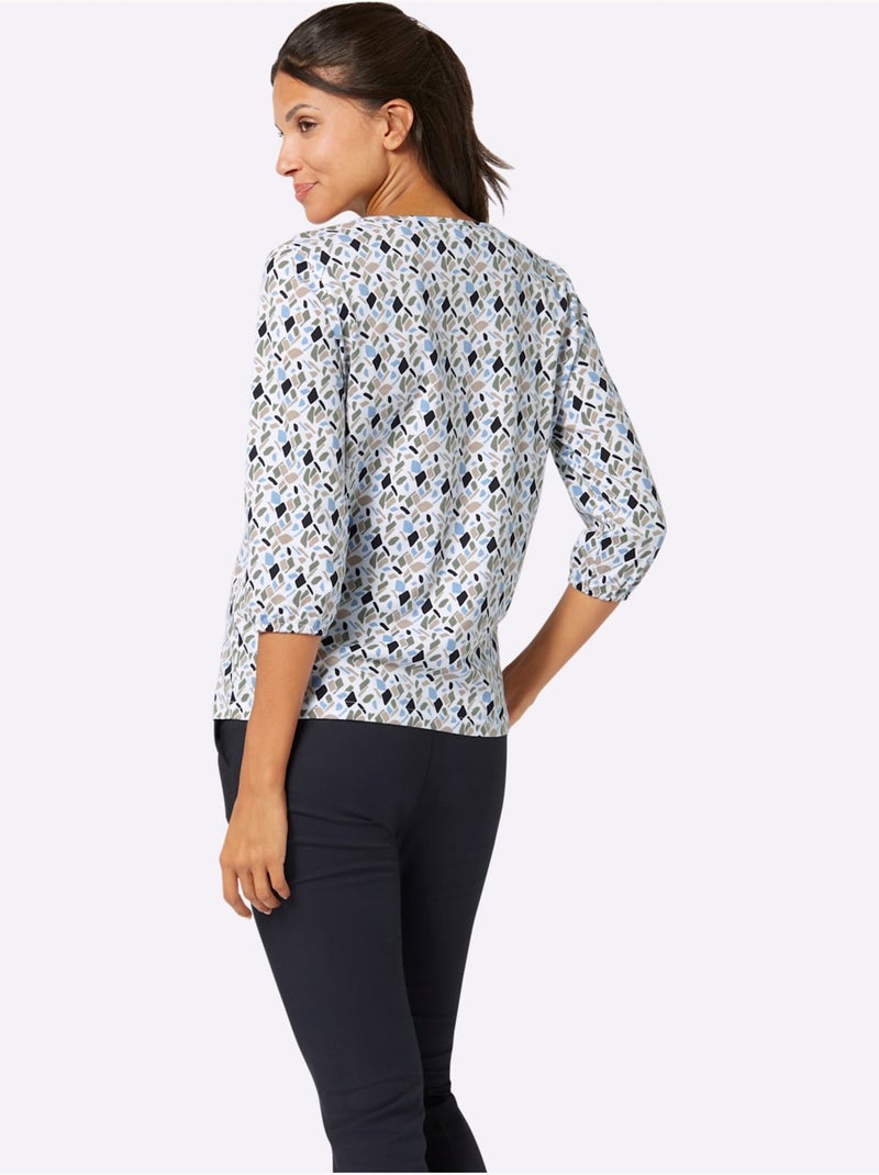 T-shirt à manches 3/4 avec motif géométrique encolure ronde - taille standard - moda vilona Bleu Ecru Bleu - Kiabi