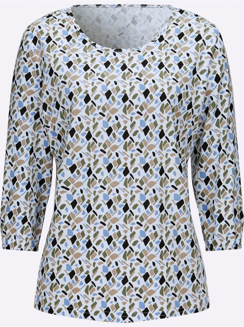 T-shirt à manches 3/4 avec motif géométrique encolure ronde - taille standard - moda vilona Bleu Ecru Bleu - Kiabi