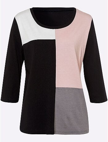 T-shirt à manches 3/4 avec motif patchwork encolure arrondie - Taille standard - Moda Vilona
