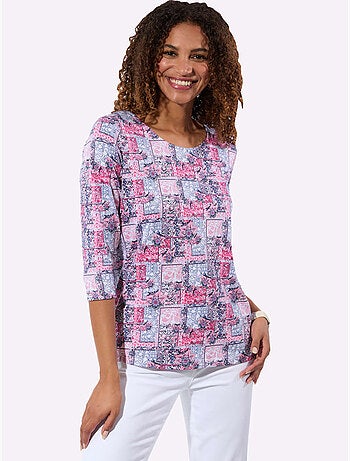 T-shirt à manches 3/4 avec motif patchwork et encolure ronde - Taille standard - Witt