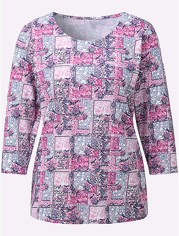 T-shirt à manches 3/4 avec motif patchwork et encolure ronde - Taille standard - Witt