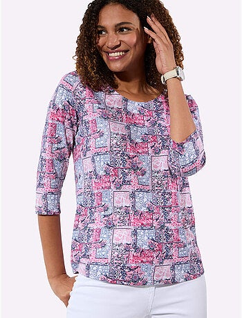 T-shirt à manches 3/4 avec motif patchwork et encolure ronde - Taille standard - Witt