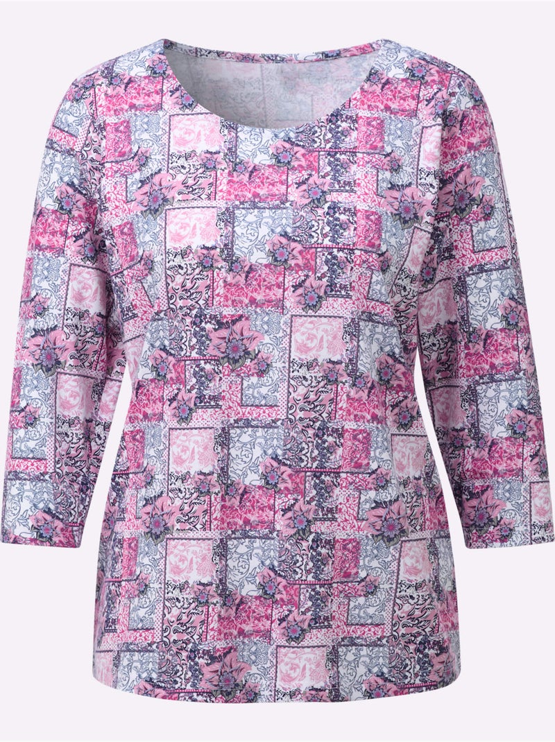 T-shirt à manches 3/4 avec motif patchwork et encolure ronde - Taille standard - Witt Rose/Multicolore - Kiabi