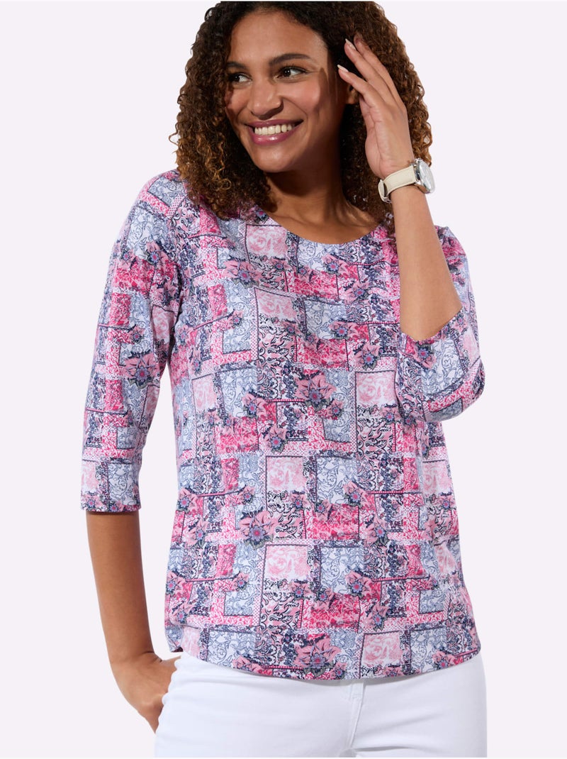 T-shirt à manches 3/4 avec motif patchwork et encolure ronde - Taille standard - Witt Rose/Multicolore - Kiabi