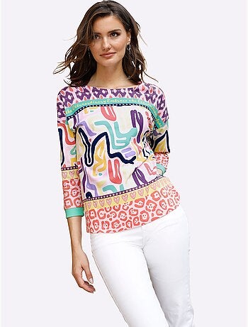 T-shirt à manches 3/4 avec motifs graphiques colorés - Taille standard - Moda Vilona