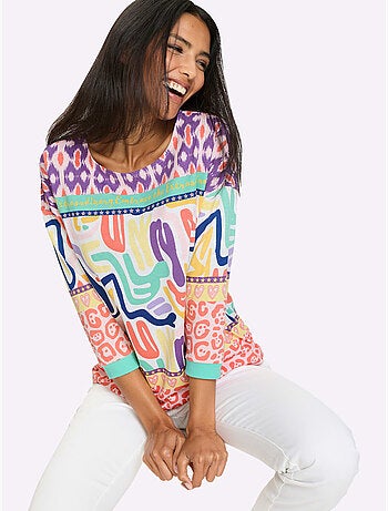 T-shirt à manches 3/4 avec motifs graphiques colorés - Taille standard - Moda Vilona