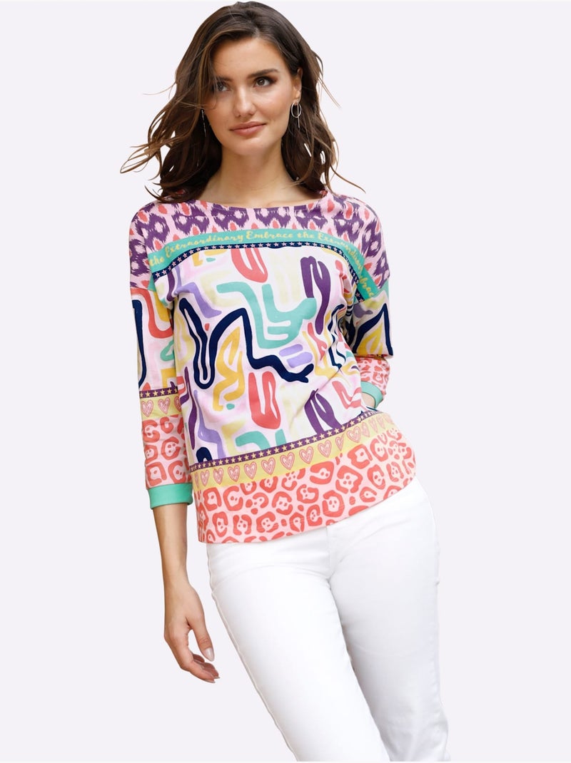 T-shirt à manches 3/4 avec motifs graphiques colorés - Taille standard - Moda Vilona Corail - Kiabi