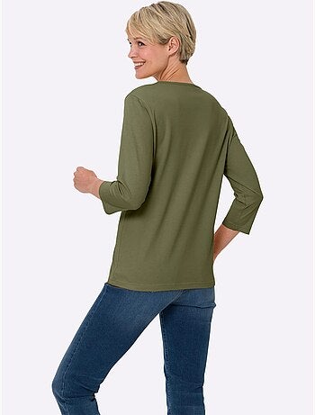 T-shirt à manches 3/4 avec petites pierres sous l'encolure ronde - Taille standard - Moda Vilona
