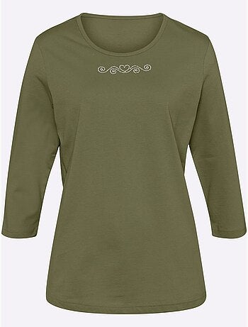 T-shirt à manches 3/4 avec petites pierres sous l'encolure ronde - Taille standard - Moda Vilona