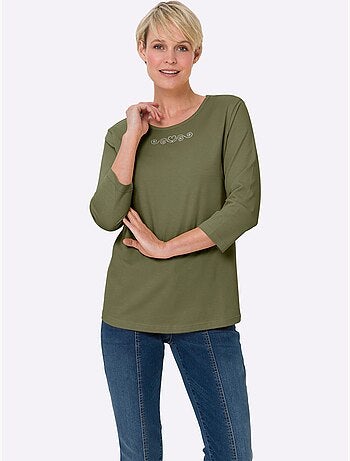 T-shirt à manches 3/4 avec petites pierres sous l'encolure ronde - Taille standard - Moda Vilona