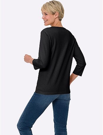 T-shirt à manches 3/4 avec petites pierres sous l'encolure ronde - Taille standard - Moda Vilona
