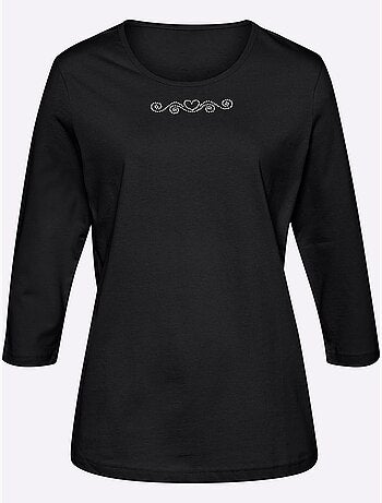 T-shirt à manches 3/4 avec petites pierres sous l'encolure ronde - Taille standard - Moda Vilona