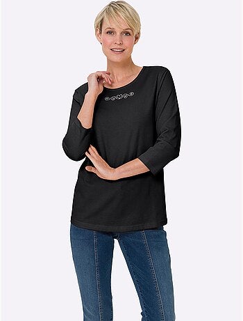 T-shirt à manches 3/4 avec petites pierres sous l'encolure ronde - Taille standard - Moda Vilona