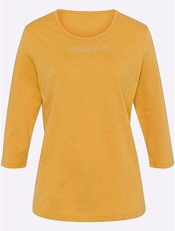 T-shirt à manches 3/4 avec petites pierres sous l'encolure ronde - Taille standard - Moda Vilona