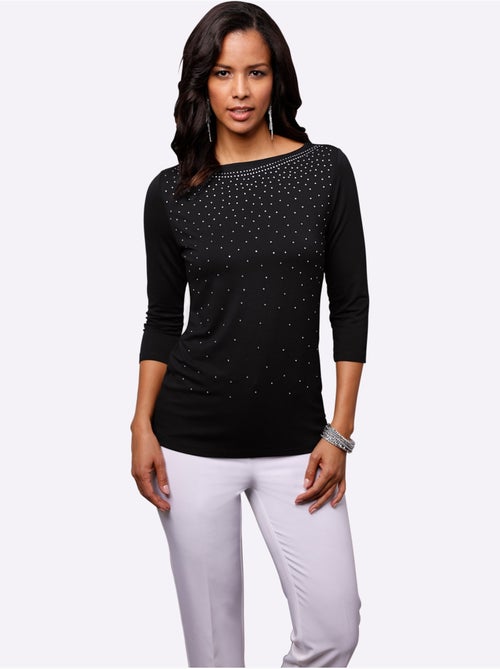 T-shirt à manches 3/4 avec pierres brillantes et col en U - Taille standard - Witt - Kiabi