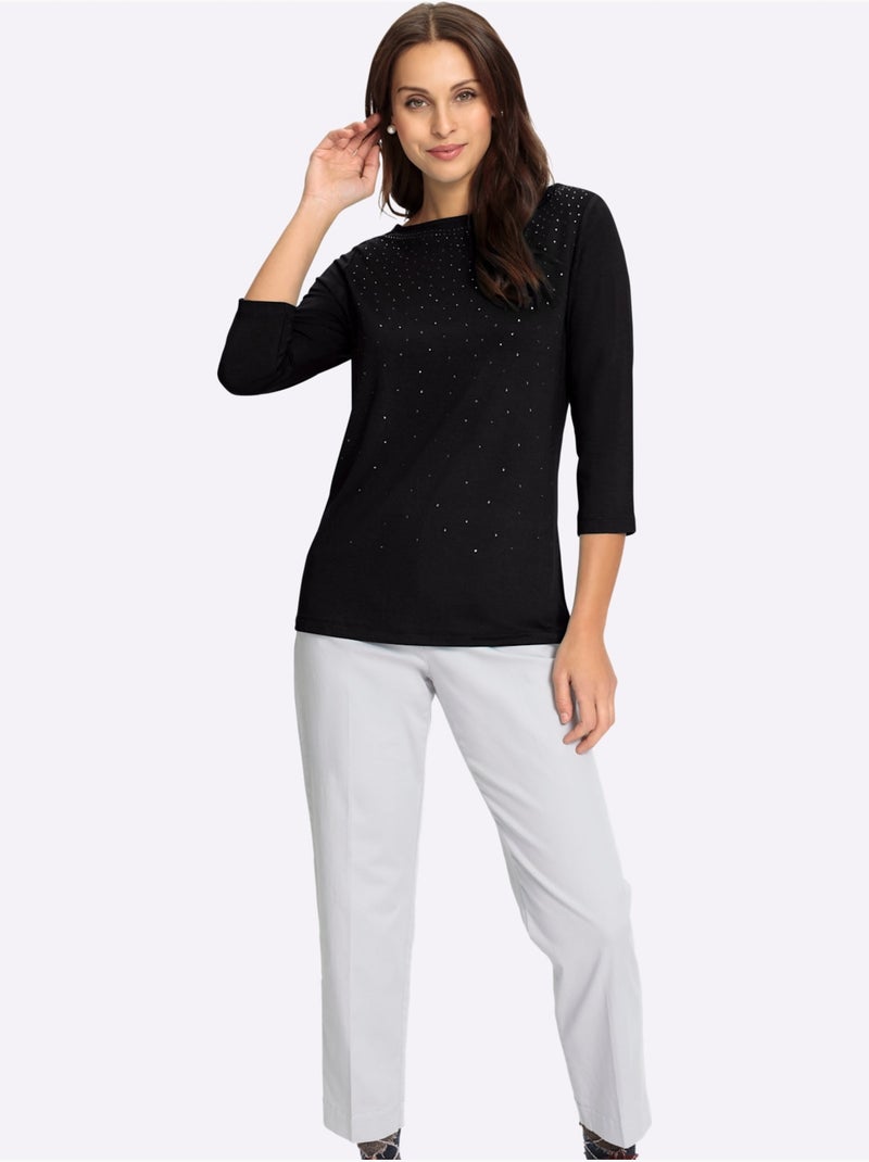 T-shirt à manches 3/4 avec pierres brillantes et col en U - Taille standard - Witt Noir - Kiabi