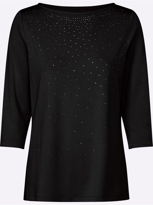 T-shirt à manches 3/4 avec pierres brillantes et col en U - Taille standard - Witt - Kiabi