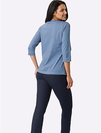 T-shirt à manches 3/4 avec rayures et col en v - taille standard - moda vilona