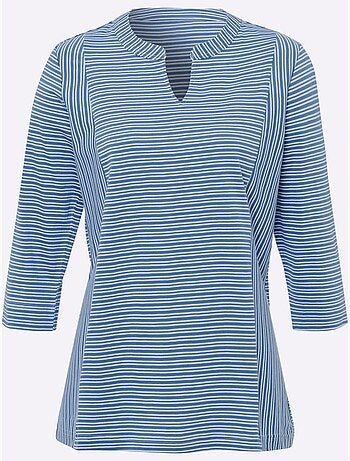 T-shirt à manches 3/4 avec rayures et col en v - taille standard - moda vilona