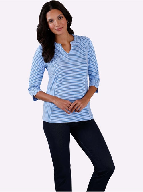 T-shirt à manches 3/4 avec rayures et col en V - Taille standard - Moda Vilona - Kiabi