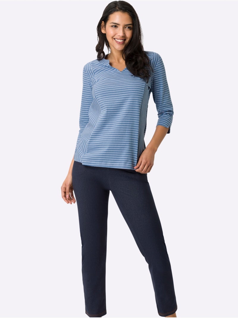 T-shirt à manches 3/4 avec rayures et col en V - Taille standard - Moda Vilona Bleu Blanc - Kiabi