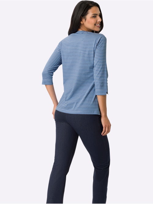 T-shirt à manches 3/4 avec rayures et col en V - Taille standard - Moda Vilona - Kiabi