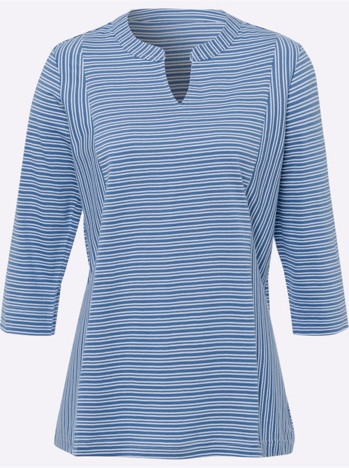 T-shirt à manches 3/4 avec rayures et col en V - Taille standard - Moda Vilona - Kiabi