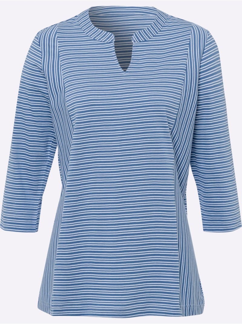 T-shirt à manches 3/4 avec rayures et col en V - Taille standard - Moda Vilona Bleu Blanc - Kiabi