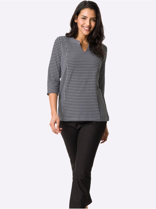 T-shirt à manches 3/4 avec rayures et encolure en V - Taille standard - Moda Vilona - Kiabi