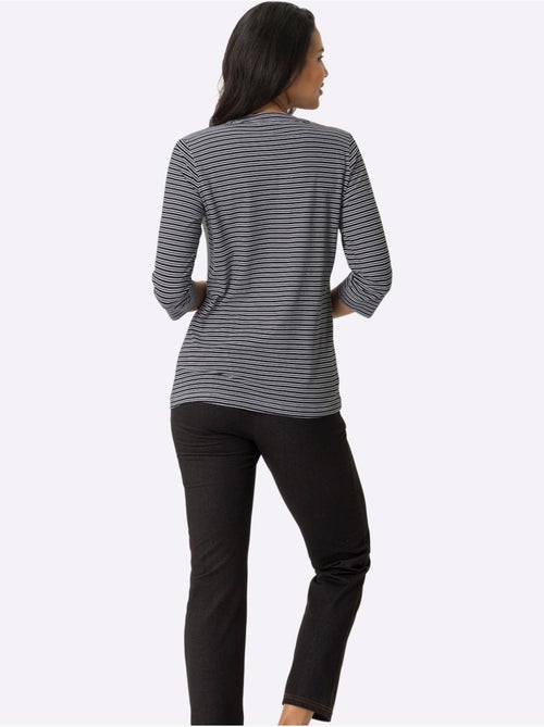 T-shirt à manches 3/4 avec rayures et encolure en V - Taille standard - Moda Vilona - Kiabi