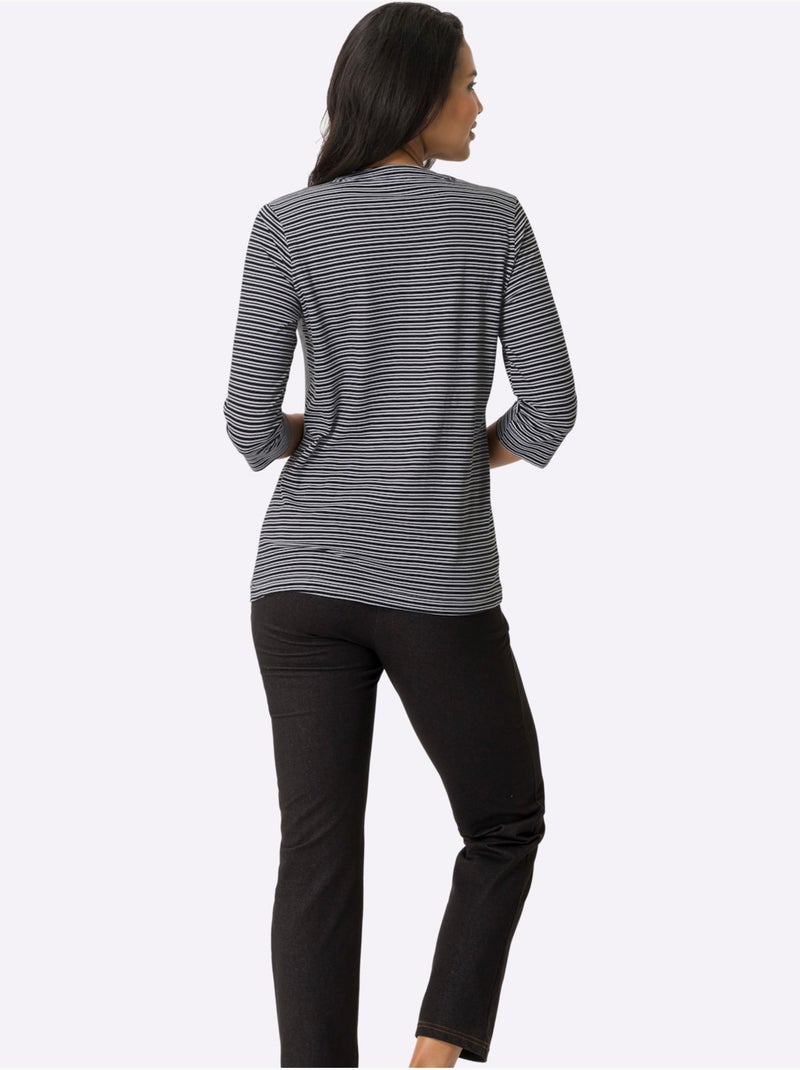 T-shirt à manches 3/4 avec rayures et encolure en V - Taille standard - Moda Vilona Noir Blanc - Kiabi