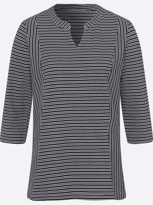 T-shirt à manches 3/4 avec rayures et encolure en V - Taille standard - Moda Vilona - Kiabi