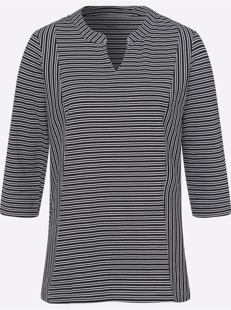 T-shirt à manches 3/4 avec rayures et encolure en V - Taille standard - Moda Vilona Noir Blanc - Kiabi