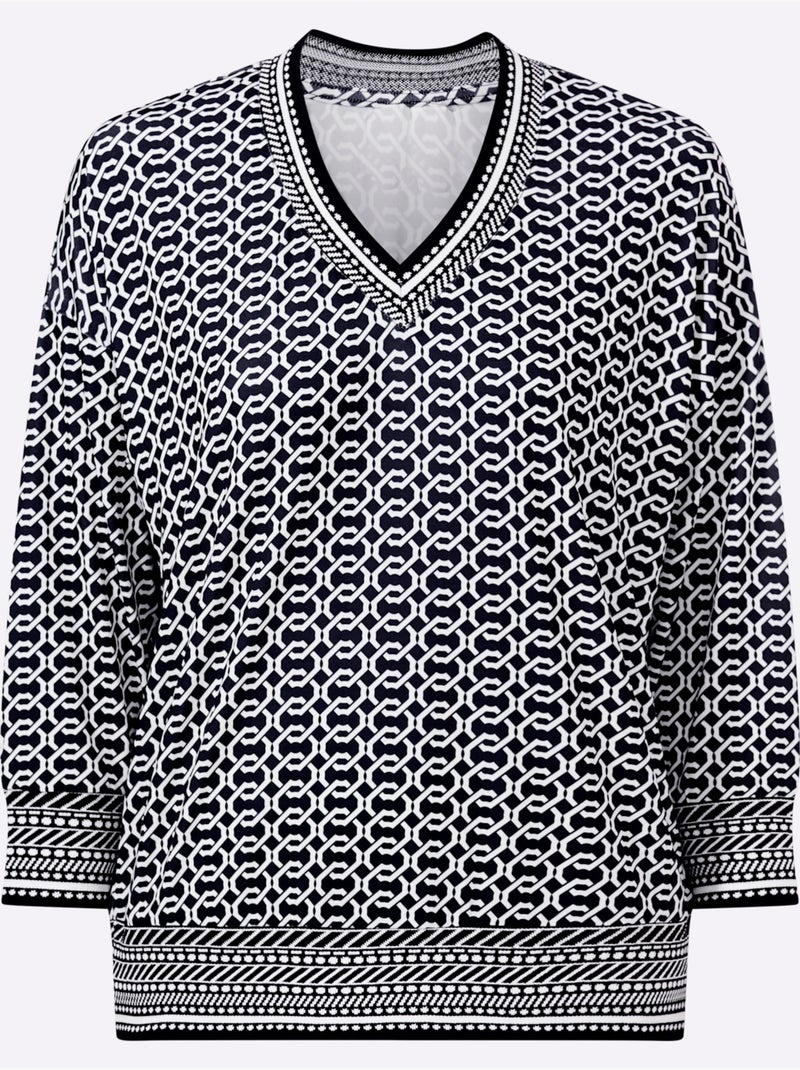 T-shirt à Manches 3/4 Bords Extensibles Pour Une Tenue Parfaite - Taille Standard - Helline Ecru/Marine - Kiabi