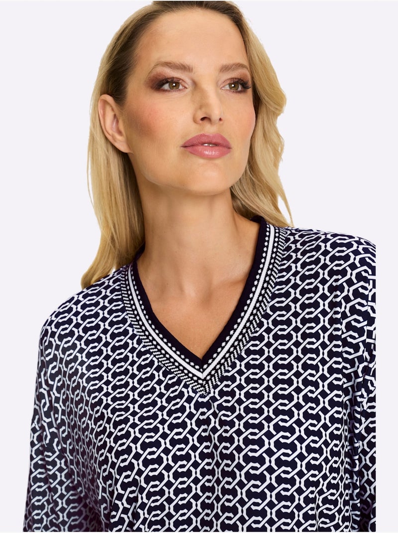 T-shirt à Manches 3/4 Bords Extensibles Pour Une Tenue Parfaite - Taille Standard - Helline Ecru/Marine - Kiabi