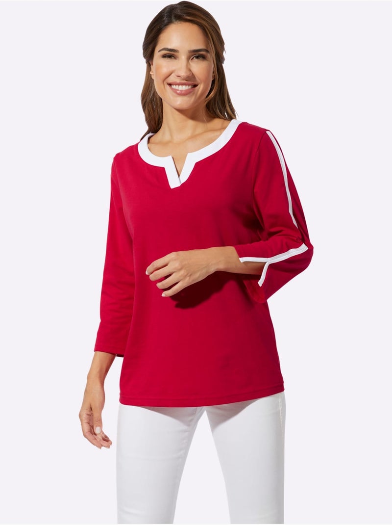 T-shirt à Manches 3/4 Contrastes Décoratifs - Taille Standard - Moda Vilona Blanc Rouge - Kiabi