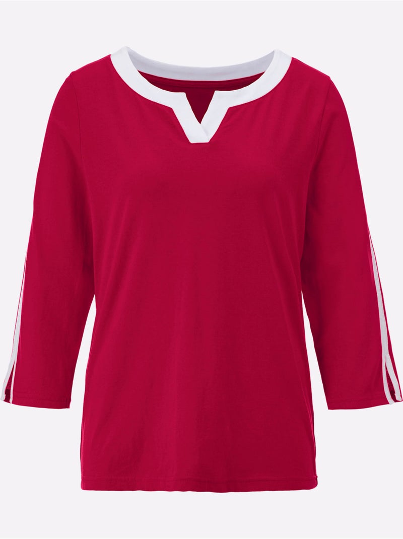 T-shirt à Manches 3/4 Contrastes Décoratifs - Taille Standard - Moda Vilona Blanc Rouge - Kiabi