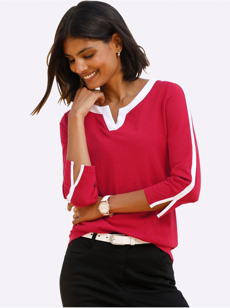 T-shirt à Manches 3/4 Contrastes Décoratifs - Taille Standard - Moda Vilona Blanc Rouge - Kiabi