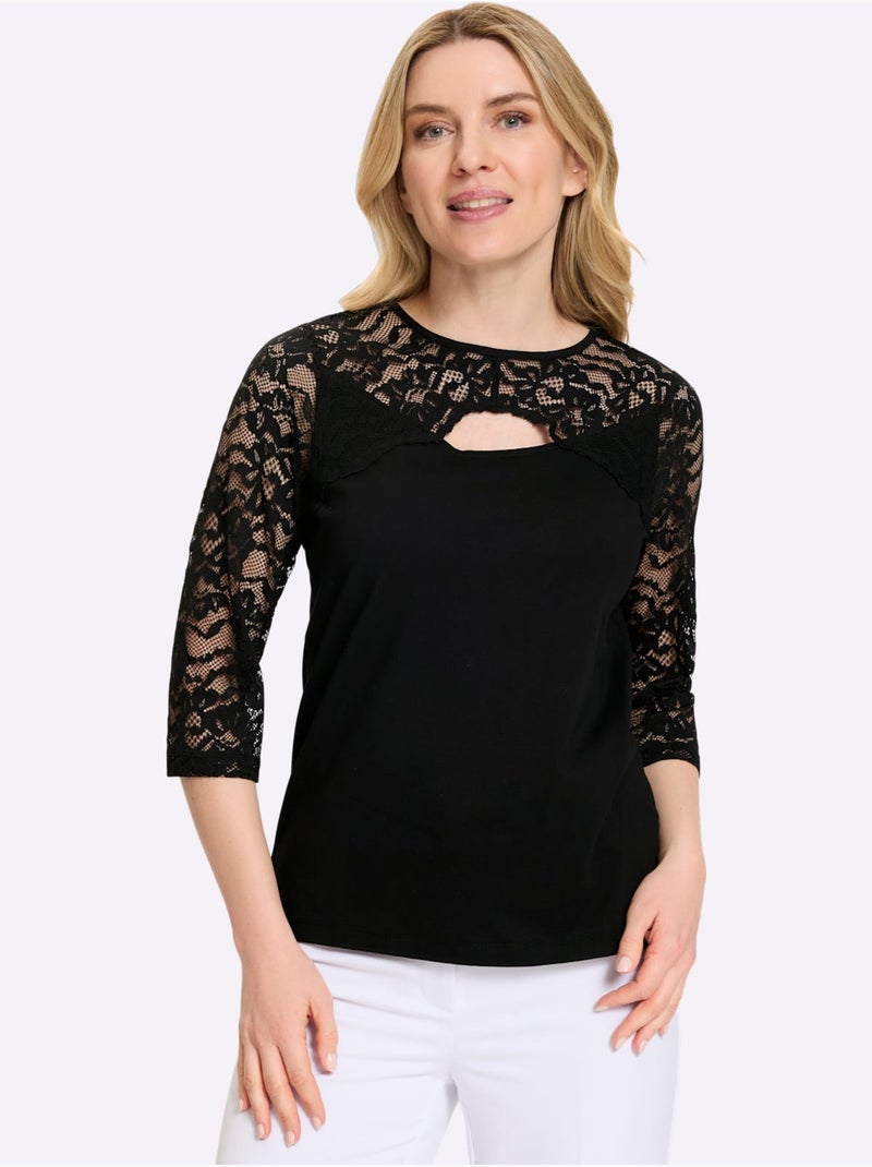 T-shirt à manches 3/4 dentelle raffinée - taille standard - moda vilona Noir - Kiabi