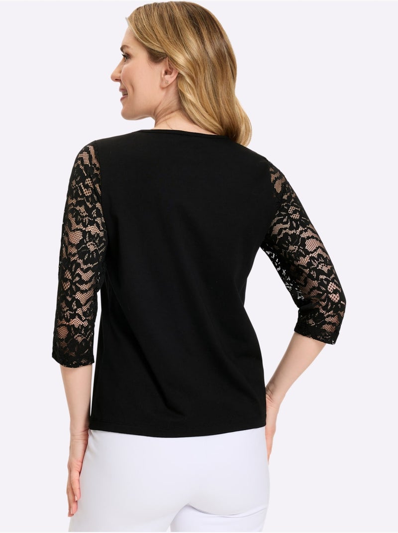 T-shirt à manches 3/4 dentelle raffinée - taille standard - moda vilona Noir - Kiabi
