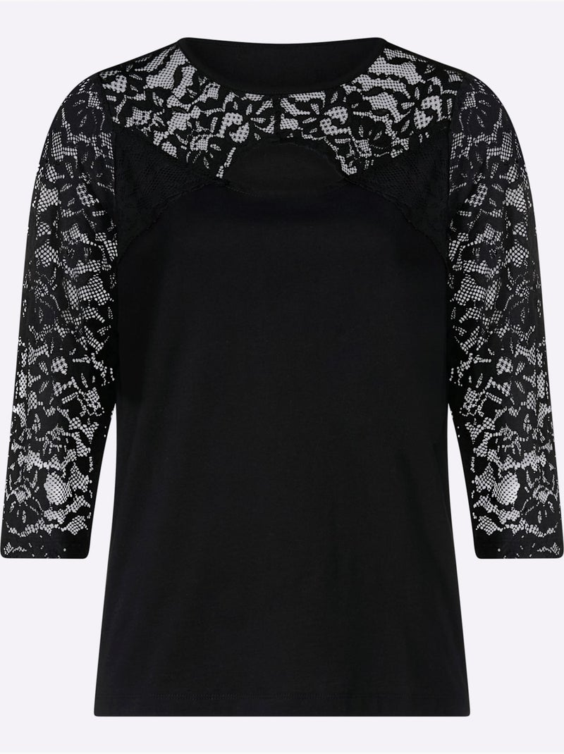 T-shirt à manches 3/4 dentelle raffinée - taille standard - moda vilona Noir - Kiabi